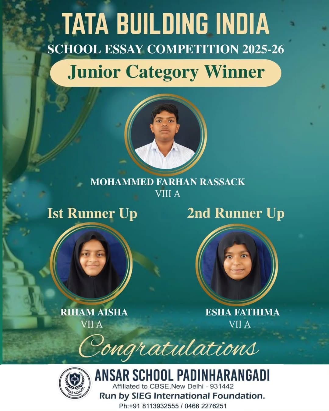 TATA Building India School Essay Competition — junior & senior winners